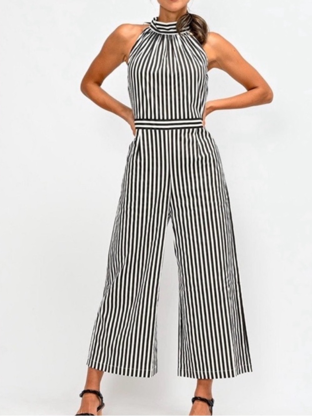 Wyatt Wylde Stella Striped Black & White Halter Wide-Leg Jumpsuit